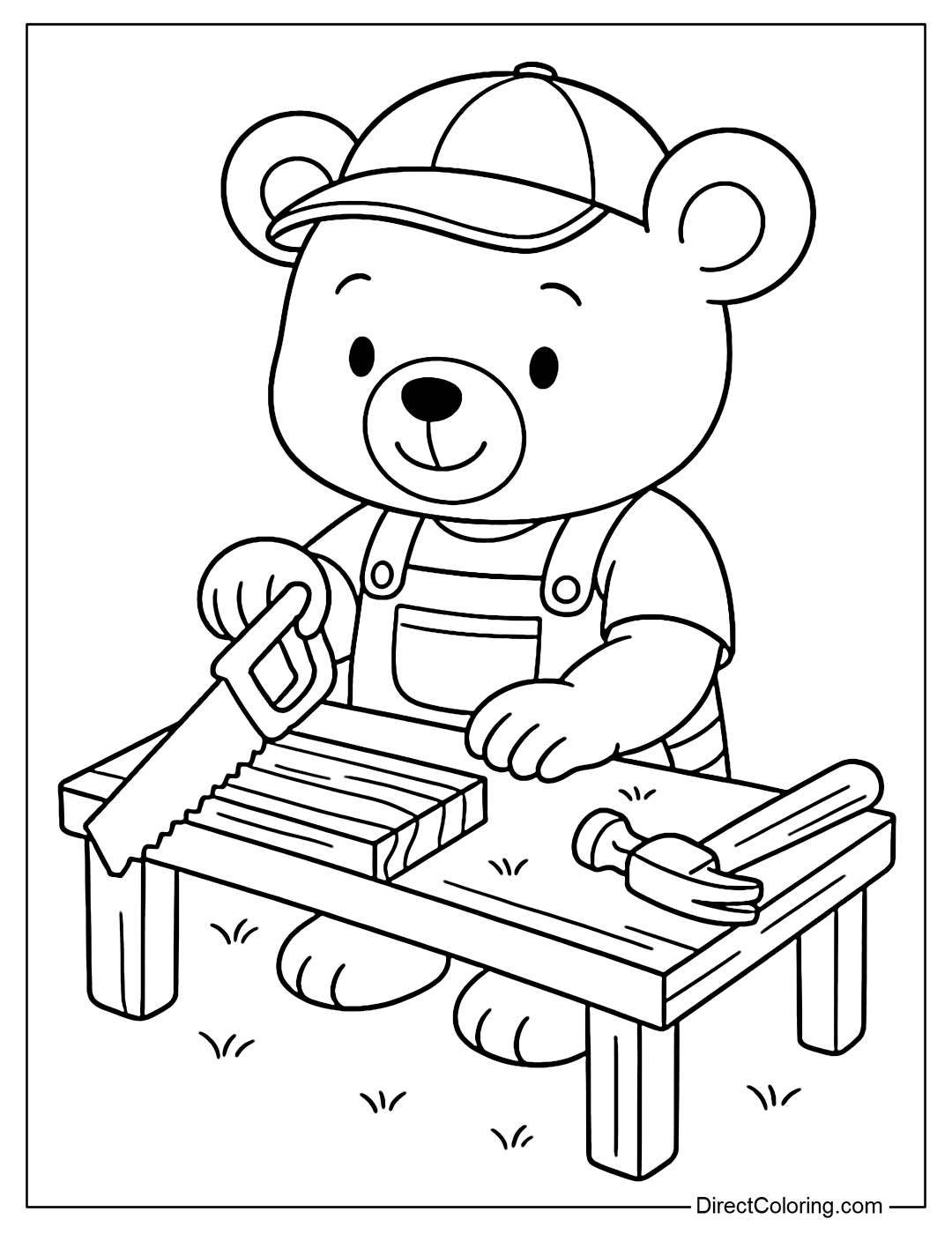A coloring page of a teddy bear carpenter sawing wood on a table, with a hammer and ruler nearby.